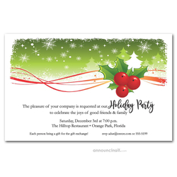 Holly and Snowy Pine Trees Holiday Invitations