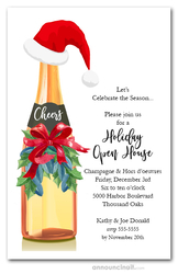 Santa Hat on Champagne Bottle Holiday Invitations