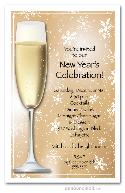 Champagne on Gold Snowflakes New Year's Eve Party Invitations