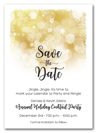 white snowflakes on gold holiday christmas party save the christmas cocktail party invitation wording