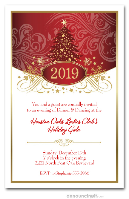 Red Tree Swirls & Stars Holiday Christmas Party Invitations