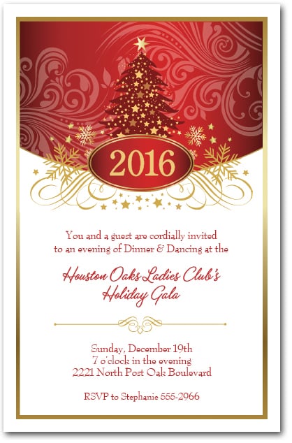 Red Tree Swirls & Stars Holiday Party Invitations, Christmas Invitations