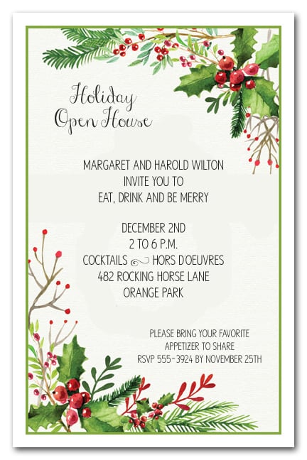Watercolor Mistletoe &amp; Berries Holiday Christmas Party Invitations