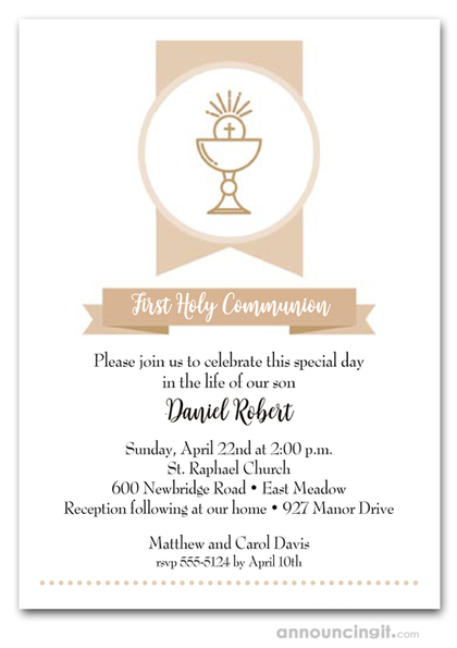 Beige Chalice First Communion Invitations