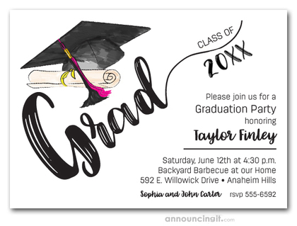 Black & Pink Tassel on Black Cap Graduation Invites
