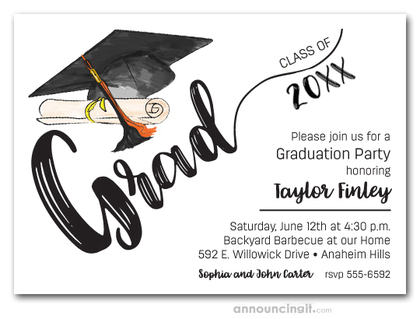 Black & Orange Tassel on Black Cap Graduation Invites