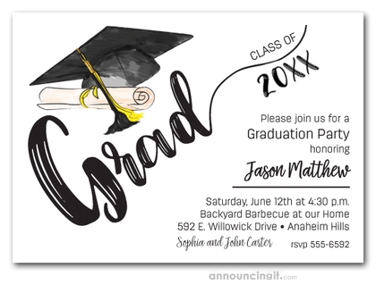 Black & Yellow Tassel on Black Cap Graduation Invites