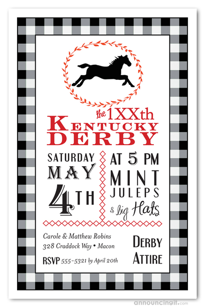 Horse and Black Check Derby Party Invitations