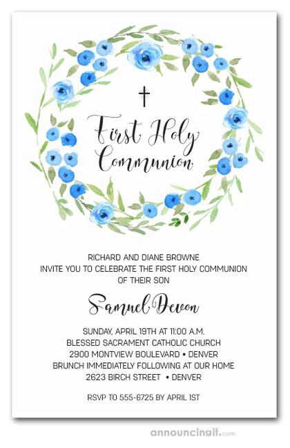 Blue Blooms Wreath Communion Invitations