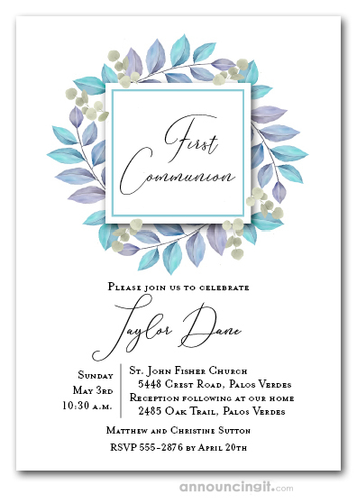 Leaves Blue First Communion Invitations
