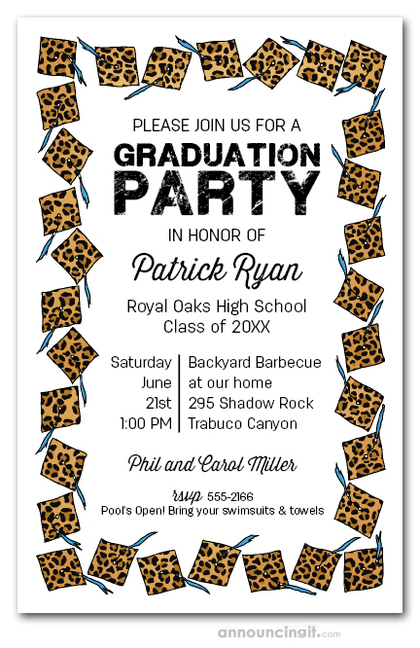 Cheetah Cap & Blue Tassel Graduation Invitations