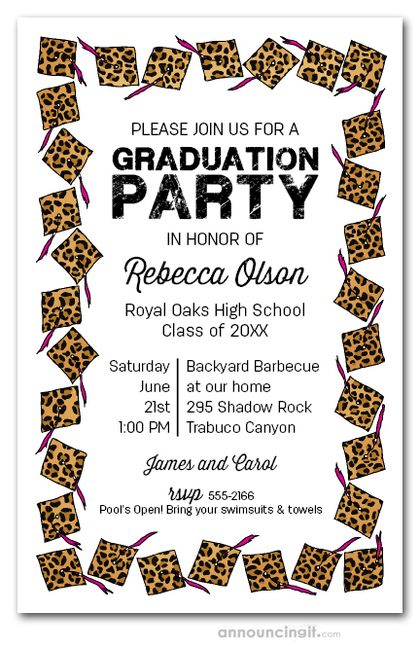 Cheetah Cap & Pink Tassel Graduation Invitations