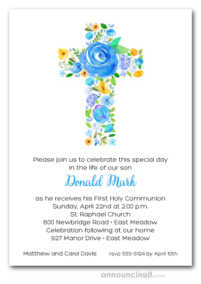 Cross Of Flowers Blue First Holy Communion Invitations