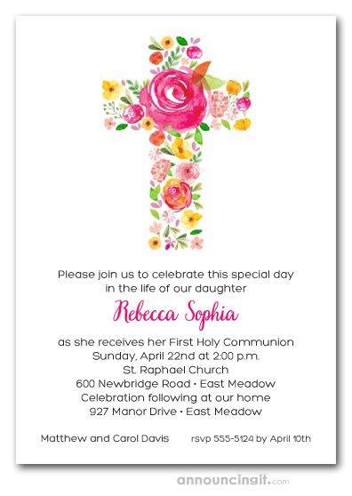 Cross Of Flowers Pink First Holy Communion Invitations