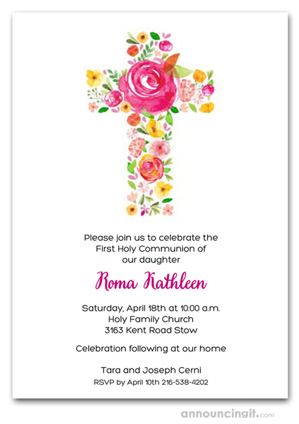 Cross of Flowers Pink First Communion Invitations