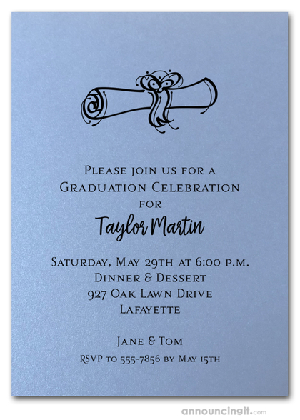 Diploma on Shimmery Blue Graduation Invitations