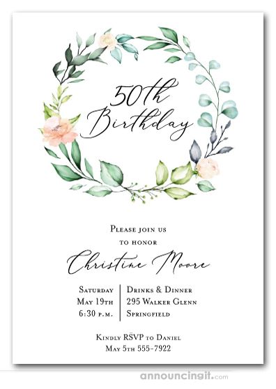 Elegant Soft Floral Wreath Birthday Invitations
