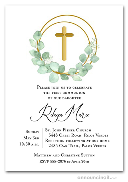 Eucalyptus Wreath Gold Cross Communion Invitation