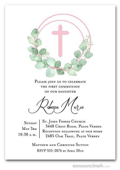 Eucalyptus Wreath Pink Cross Communion Invitation