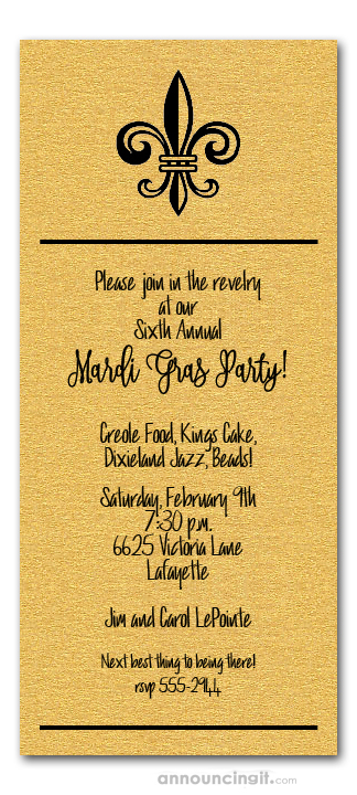 Fleur de Lis on Shimmery Gold Mardi Gras Invitations