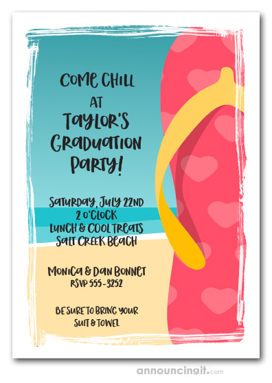 Pink Hearts Flip Flops Beach Graduation Invitations