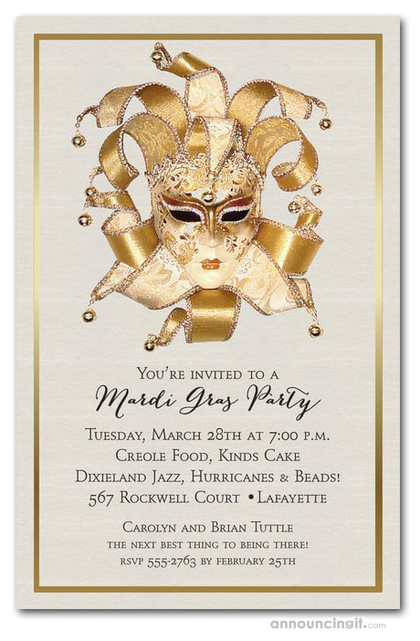 Gold Venetian Mask Shimmery Mardi Gras Invites