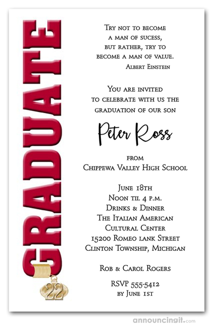 Tassel Charm & Red Graduation Invitations