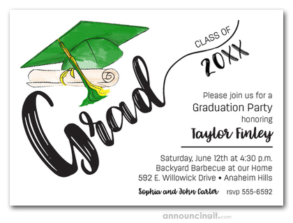 Green & Yellow Tassel on Green Cap Graduation Invites