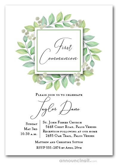 Leaves Green First Communion Invitations