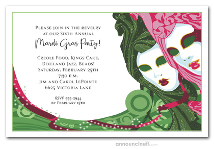 Green and Pink Masks Mardi Gras Invitations