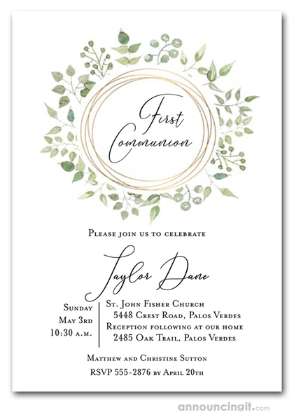 Pale Greenery Wreath Communion Invitations