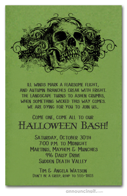 Grunge Skull on Green Halloween Invites