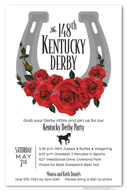 Large Horseshoe and Red Roses Derby Invitations