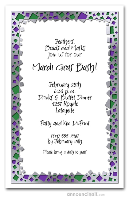 Purple and Green Squares on Silver Mardi Gras Invitations