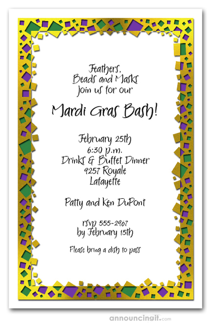 Purple Green Gold Squares Mardi Gras Invites