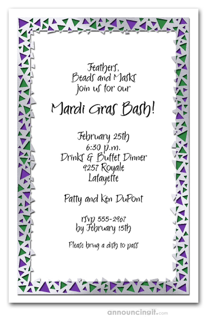 Purple Green Silver Triangles Mardi Gras Invites