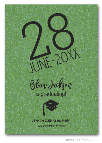 Shimmery Green Modern Graduation Save the Date Cards