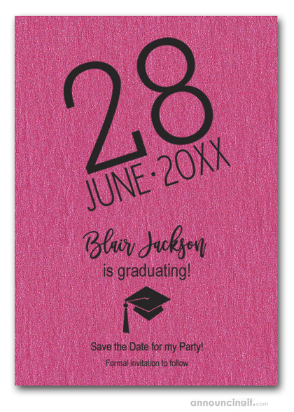 Shimmery Hot Pink Modern Graduation Save the Date Cards