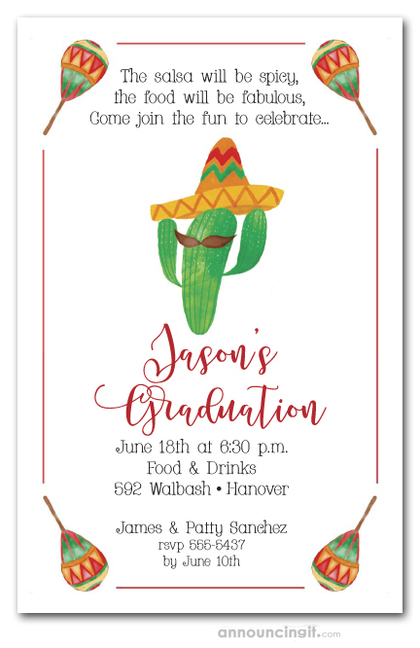 Mustached Cactus Fiesta Graduation Party Invitations
