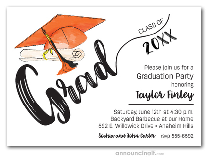Orange & Black Tassel on Orange Cap Graduation Invites