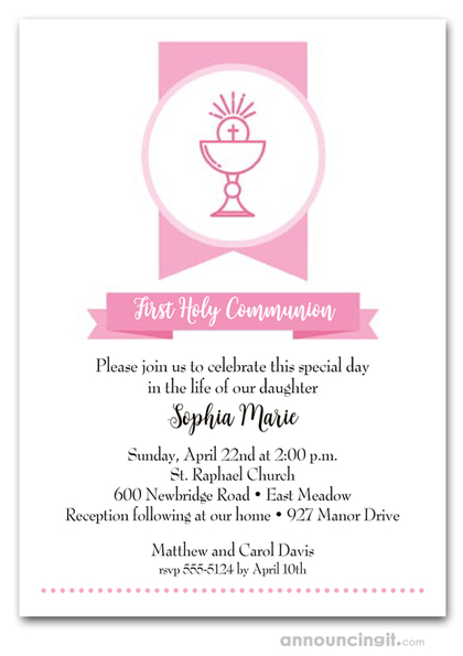 Pink Chalice First Communion Invitations