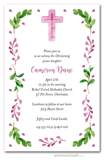 Pink Cross Leaves Buds Communion Invites