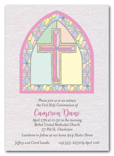 shimmery pink stained glass window religious invitations