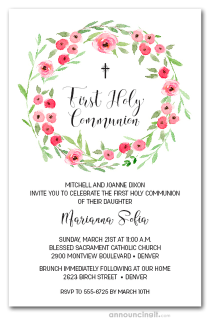 Pink Blooms Wreath Communion Invites