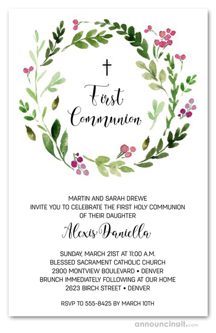 Pink Bud Wreath Communion Invitations