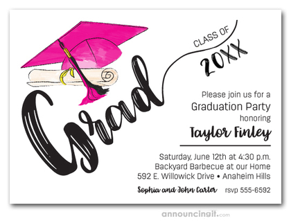 Hot Pink & Black Tassel on Hot Pink Cap Graduation Invites
