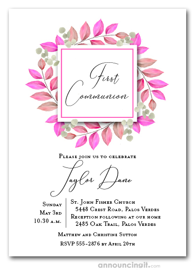 Leaves Pink First Communion Invitations