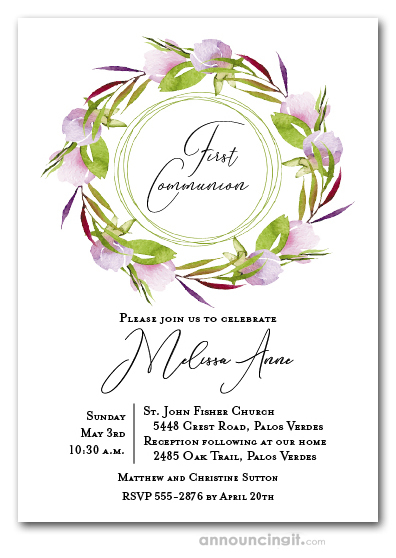 Pink Tulips Wreath Communion Invitations