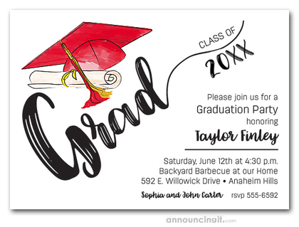 Red & Gold Tassel on Red Cap Graduation Invites