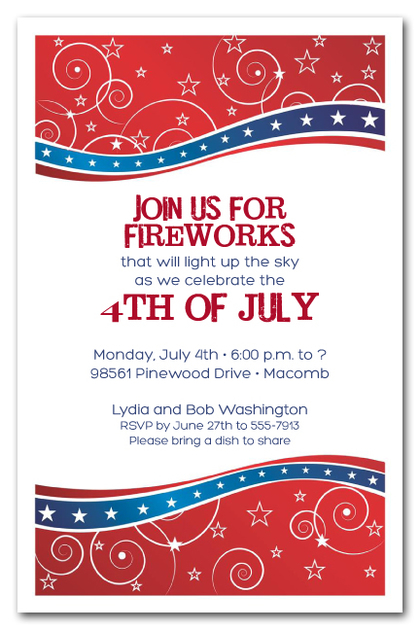 Red and Blue Swirls & Stars 4th of July Party Invitations